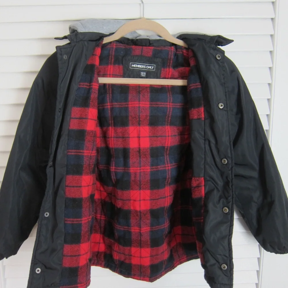 Kids Members Only Nylon Plaid Lined Jacket w/ Zip Away Sweatshirt Hood